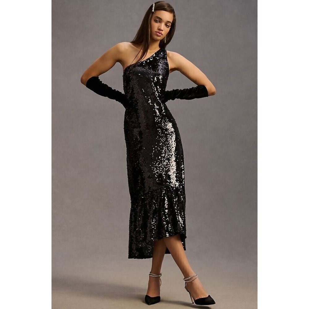 NWT Anthropologie One Shoulder Sequin Dress XXS $230 Black Cocktail Formal Maxi - Picture 1 of 10